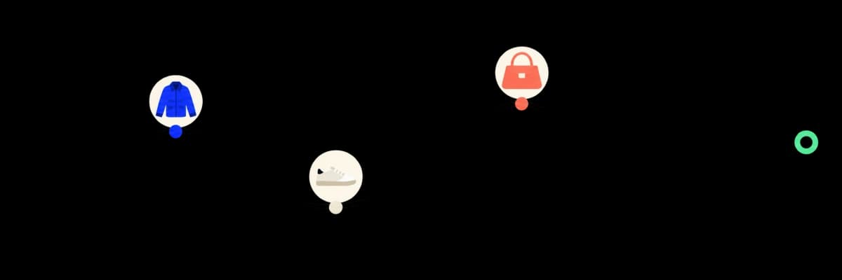 A fashion sales line connecting a jacket, sneaker, and handbag