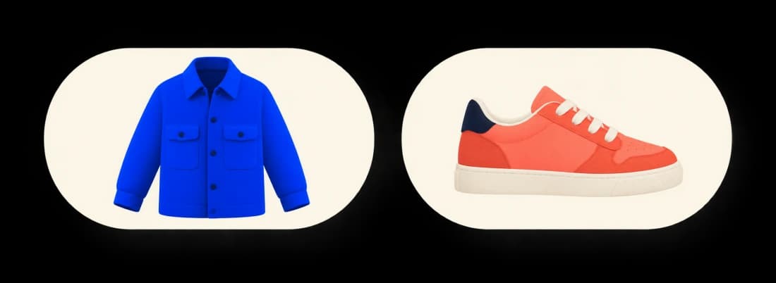 A cobalt jacket and coral sneaker presented as storefront product cards