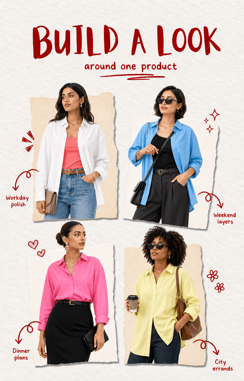 Four colorful outfits built around four colorways of one oversized shirt, presented as a handmade fashion scrapbook