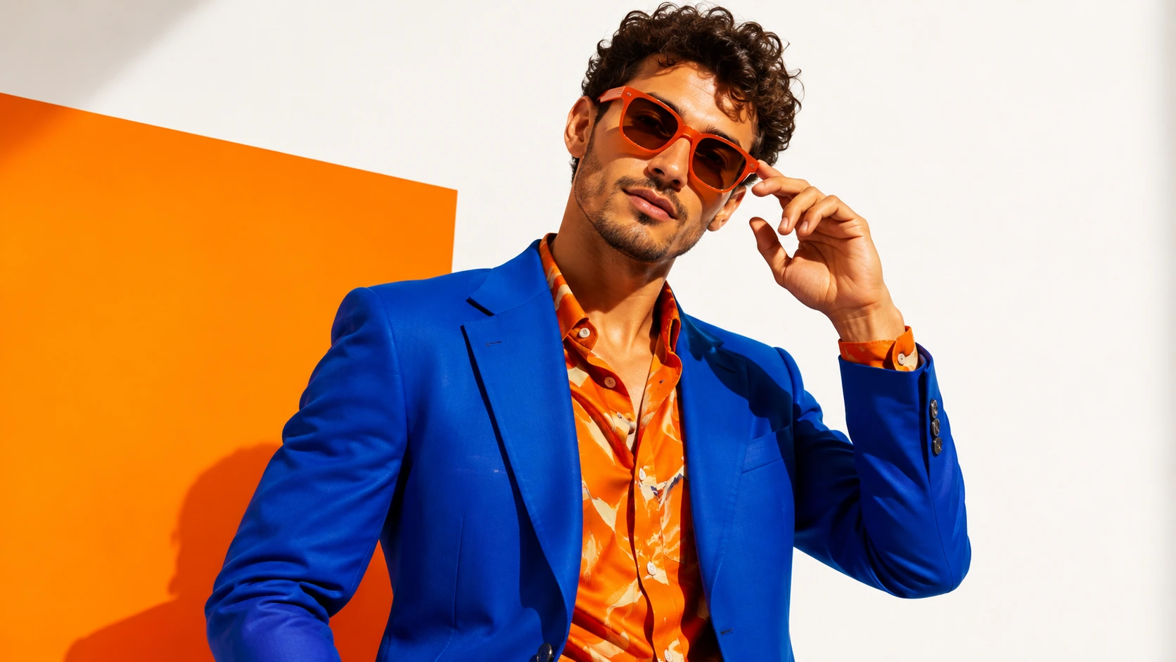 Fashion creator in cobalt tailoring with orange accents