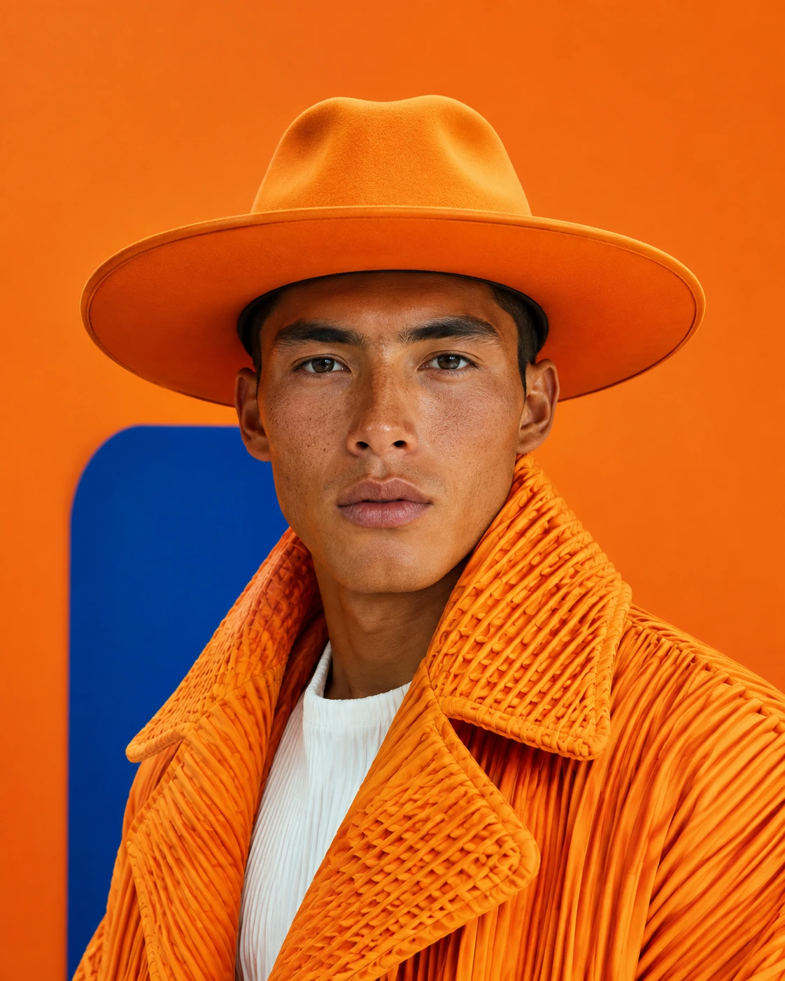 Fashion creator in a sculptural orange editorial look
