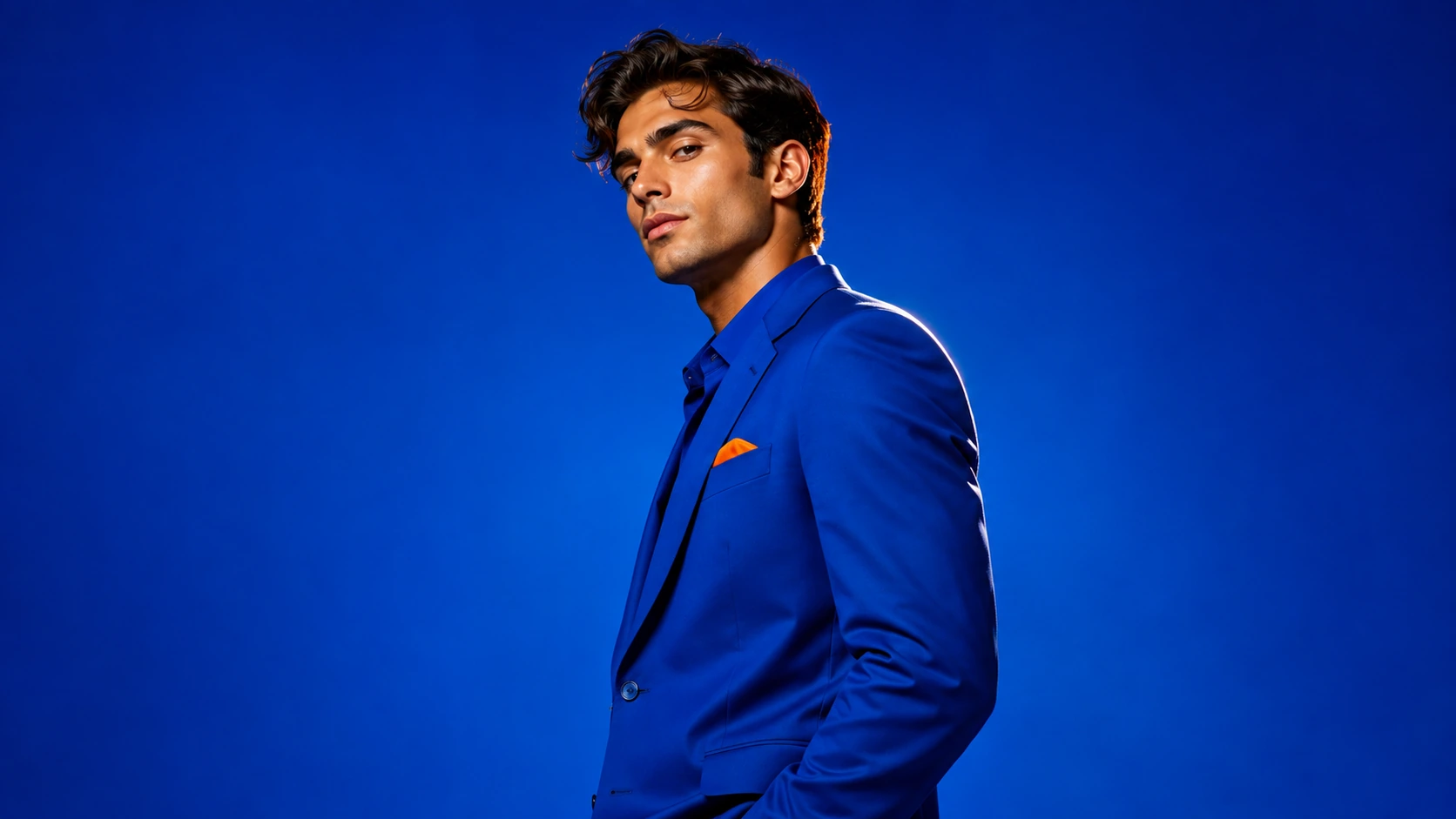 Fashion creator presenting a cobalt suit with an orange accent
