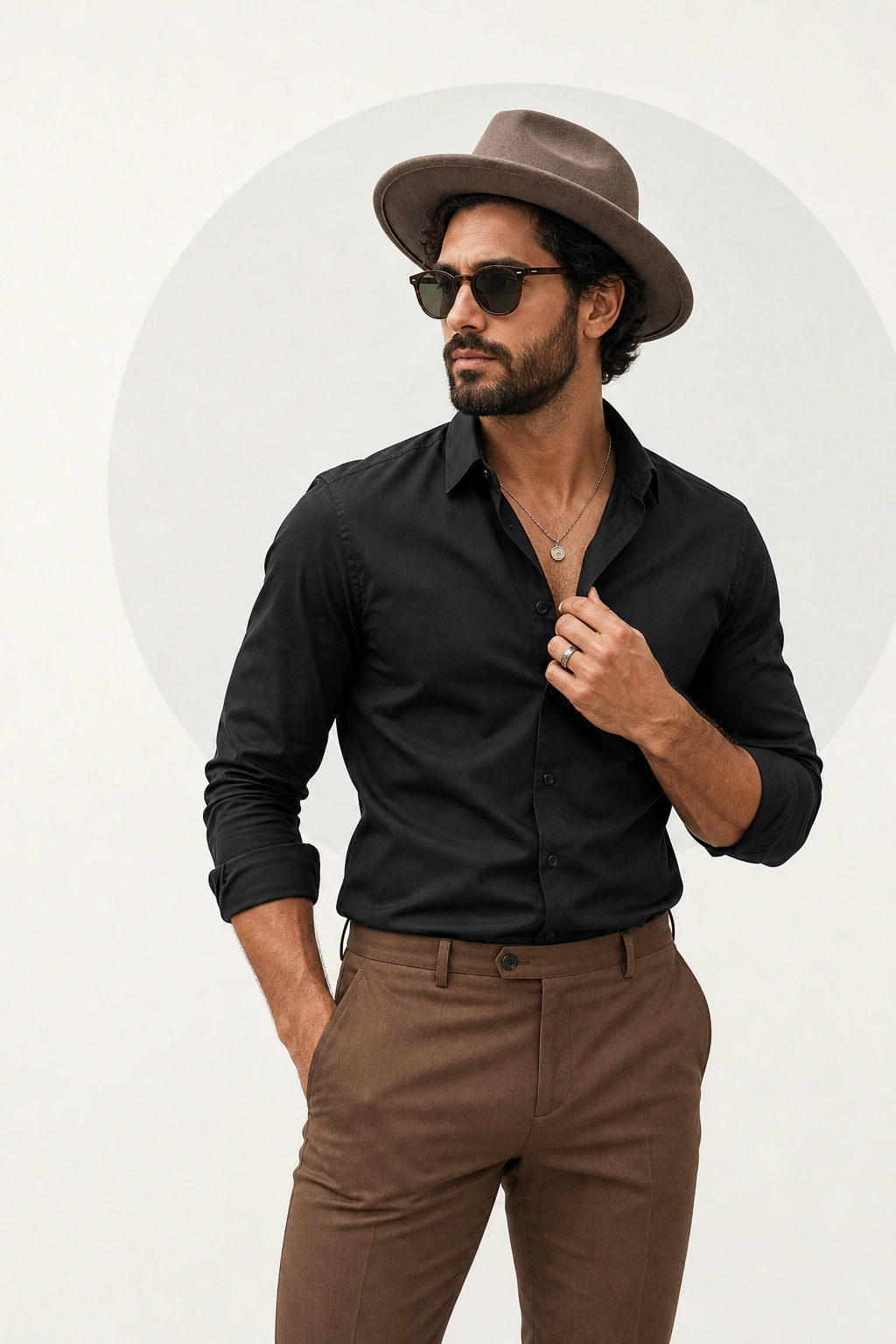 Male model in a black shirt, brown tailored trousers, sunglasses, and a wide-brim hat