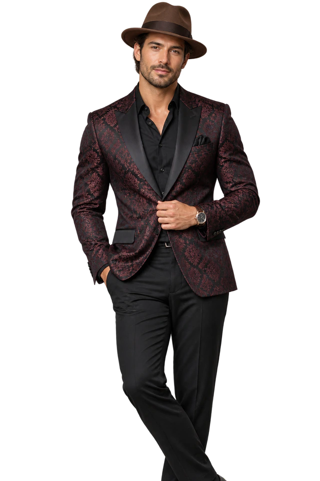Male model wearing a dark oxblood patterned tailoring look